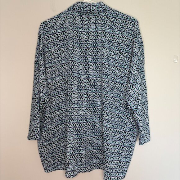 CHICO'S Button Up Blouse 0 XS Teal Blue Black Raglan Sleeve Collared Stretch - Picture 2 of 5